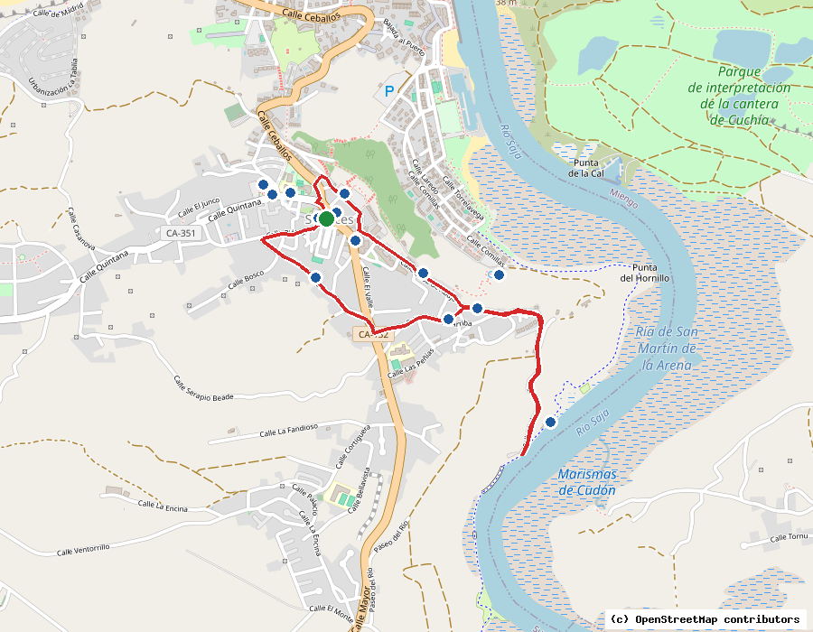 Mapa con el trazado y los hitos de la ruta José María de Pereda en Suances