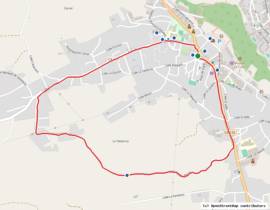 Mapa con el trazado y los hitos de la ruta Juan José Gómez Quintana en Suances