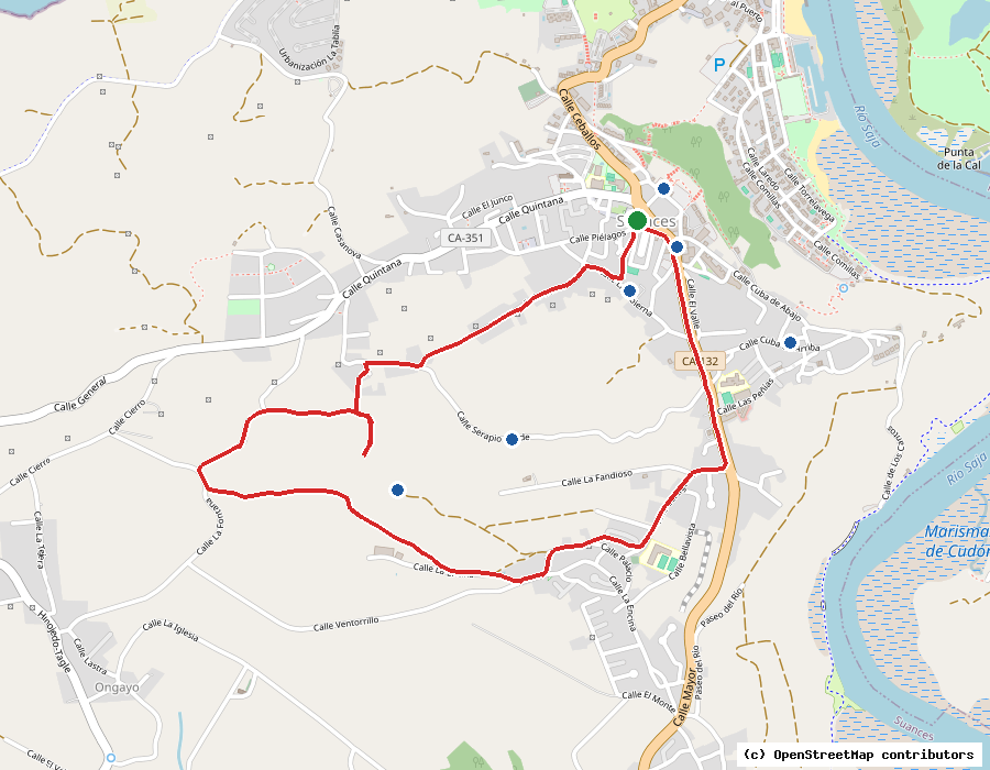 Mapa con el trazado y los hitos de la ruta Plinio el Viejo en Suances