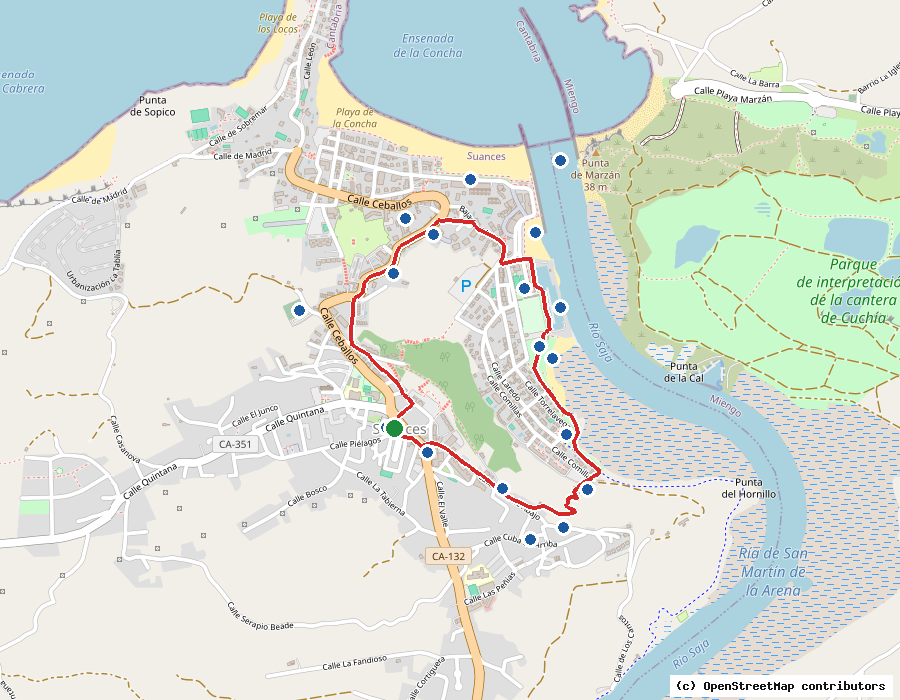 Mapa con el trazado y los hitos de la ruta Reina Mª Cristina en Suances
