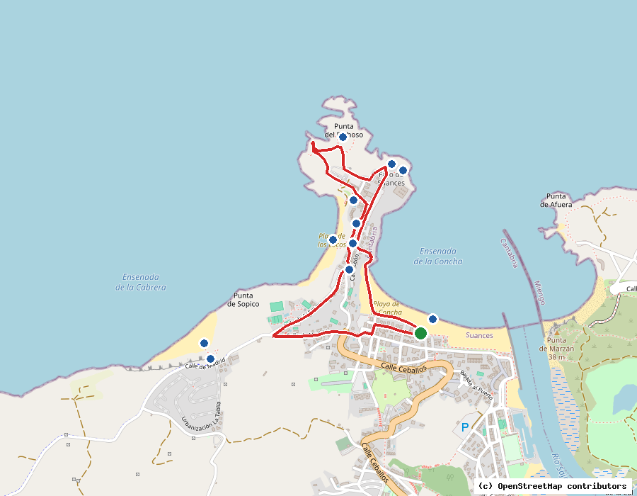 Mapa con el trazado y los hitos de la ruta Elena Soriano en Suances