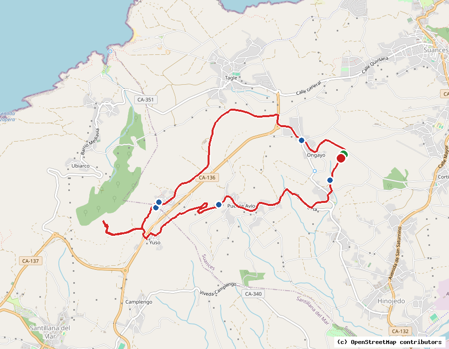 Mapa con el trazado y los hitos de la ruta Amós de Escalante en Suances