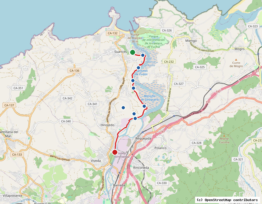 Mapa con el trazado de la senda ciclable de Suances